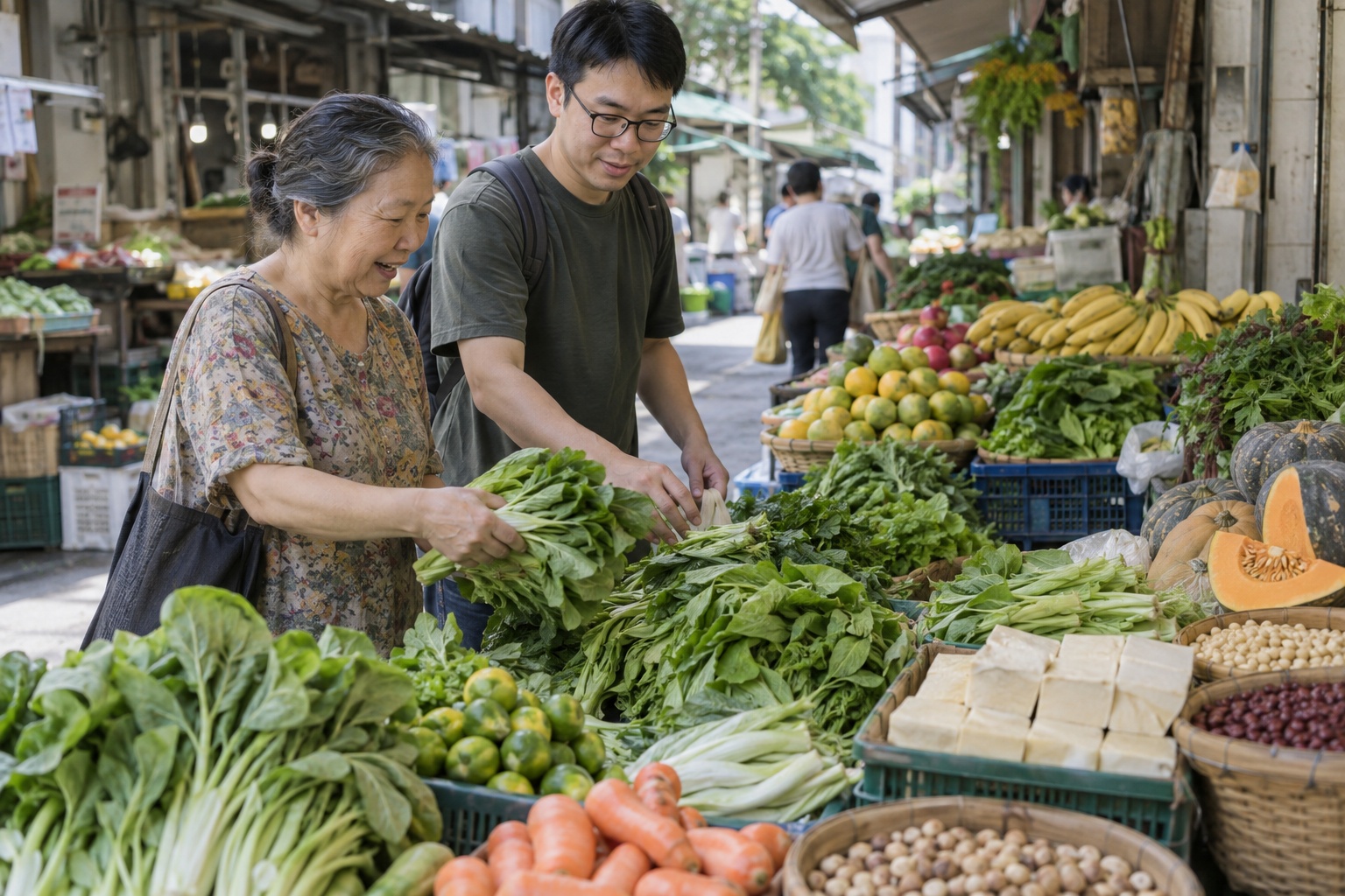 兩位成人在台南市場選購蔬菜、水果、豆腐與豆類